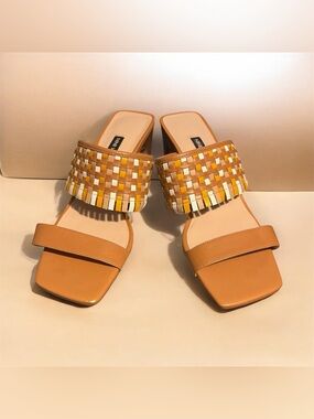 Nine West Tan Woven-Accent Slide Mules